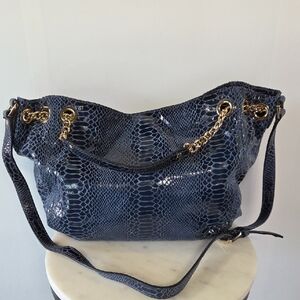 Michael Kors Navy Snake-Embossed Shoulder Bag with Gold Hardware
